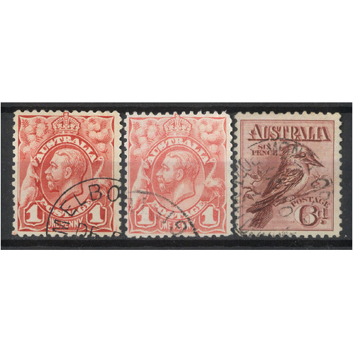 Australia 1913-14 KGV 1d Red Both Shades & 6d Kookaburra SG17/19 Fine Used #AUBK