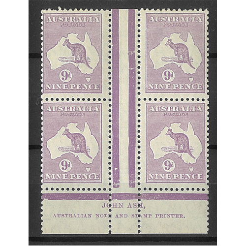 Australia Kangaroo Stamp Small Mult WMK 9d Dull Violet Ash Imprint Block/4 #AUBK
