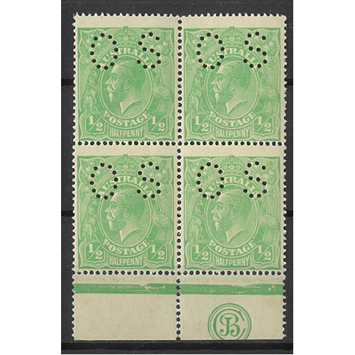 Australia KGV Stamp Single Crown WMK ½d Green JBC Monogram Perf OS Block/4 SG O38 MUH#AUBK