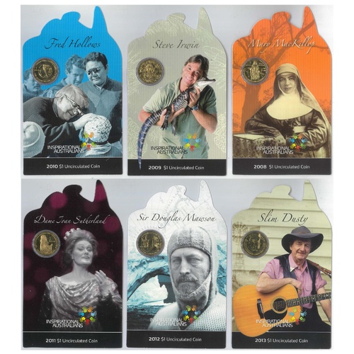 Inspirational Australians 2008-2013 Set of 6 $1 UNC Coins in Cards