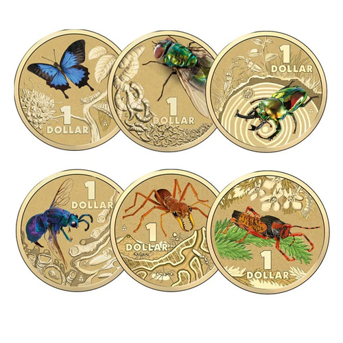 Australia 2014 Bright Bugs Complete Set of 6 $1 Coloured UNC Coins in Cards