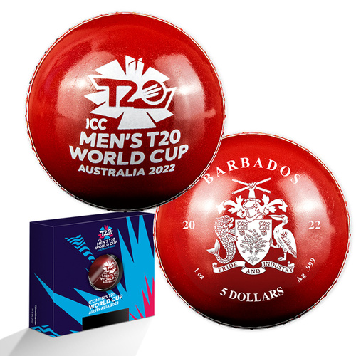Barbados 2022 ICC Men's T20 World Cup Cricket 1oz Silver $5 Coin in Spherical Shape