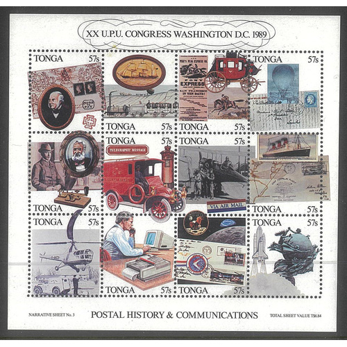 Tonga 1989 UPU Congress Mini Sheet SG1063 Scott 730 MUH 35-3