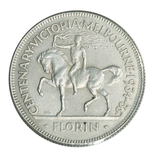 Australia 1934-35 Melbourne Centenary Florin Coin gVF Condition