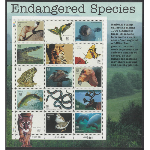 USA 1996 Endangered Species Pane of 16 Stamps Scott 3105 MUH 35-14