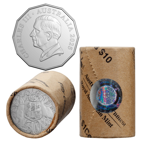 Australia 2025 King Charles III 50c Circulating Coin Premium Rolls Head to Tail