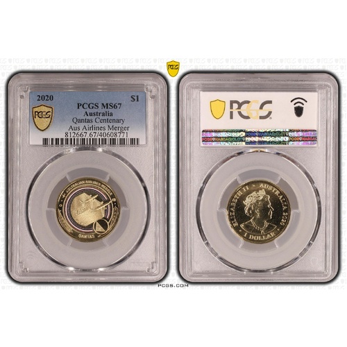 Australia 2020 Qantas Centenary Aus Airlines Merger $1 Coloured Coin PCGS MS67