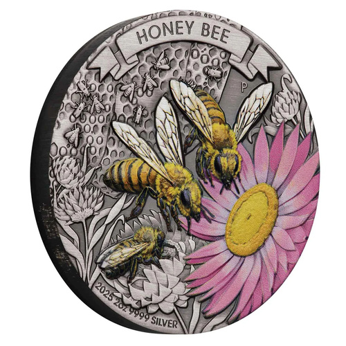 Australia 2025 Honey Bee $2 Coloured 2oz Silver Antique Coin