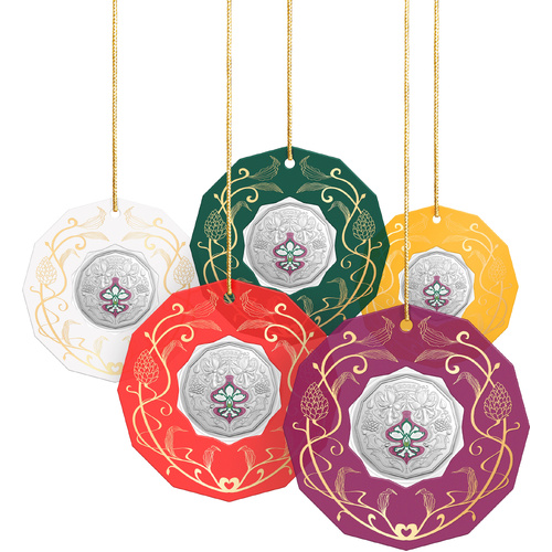 Australia 2025 Christmas Festive Florals 50c UNC Coin Set/5 Diff. Colours