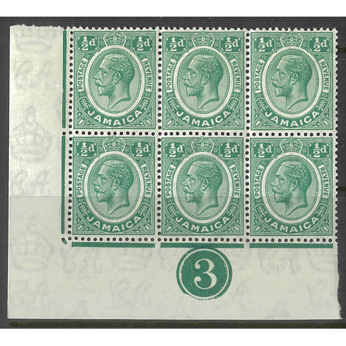 Jamaica 1927 KGV Multscript CA WMK ½d Green SG92 Plate 3 Corner Block/6 Stamps MUH 32-5