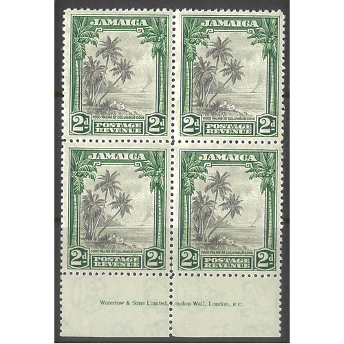 Jamaica 1932 Multscript CA WMK 2d Coco Palms SG111 Block/4 Stamps with Imprint MUH 32-5