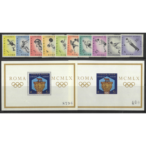 Costa Rica 1960 Rome Olympics Set/10 Stamps & Perf, Imperf Mini Sheets MUH 32-33