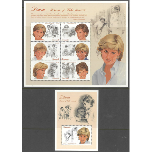Grenada 1997 Princess Diana Sheetlet/6 Stamps & Mini Sheet SG3497/503 MUH 4-12