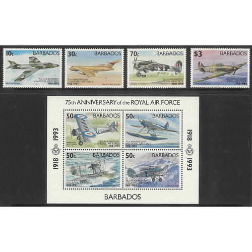 Barbados 1993 Royal Air Force 75th Anniv Set/4 Stamps & Mini Sheet MUH 4-32
