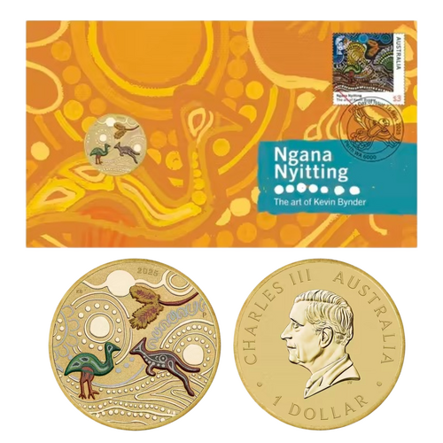 Australia 2025 Ngana Nyitting –The Art of Kevin Bynder Green Emu Stamp & $1 Coin PNC