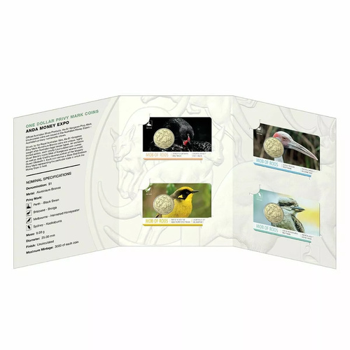 ANDA 2020 $1 Privy Mark Coins - Black Swan, Brolga, Honeyeater & Kookaburra In Folder #26