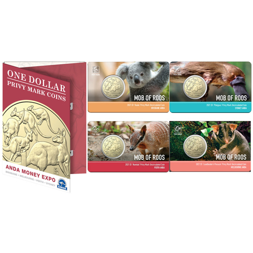 ANDA 2021 $1 Privy Mark Coins - Koala, Leadbeater's Possum, Numbat & Platypus In Folder #41