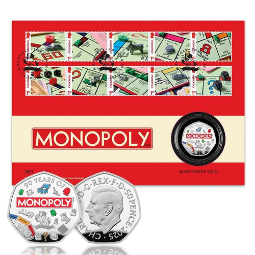 Great Britain 2025 Monopoly 90th Anniversary Silver Proof Coloured Coin Cover