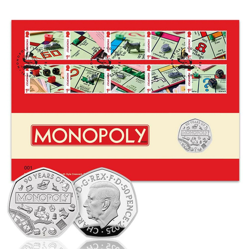 Great Britain 2025 Monopoly 90th Anniversary Brilliant Uncirculated Coin Cover