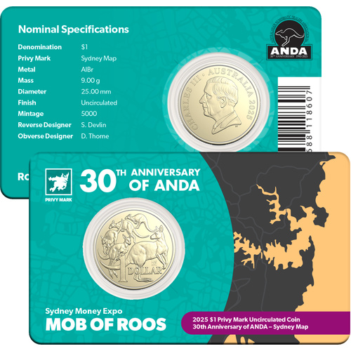 Australia 2025 Sydney ANDA Show Mob of Roos $1 UNC Coin with Privy Mark in Card