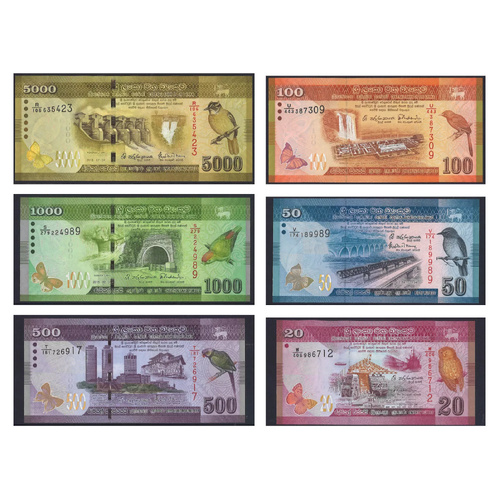 Sri Lanka Uncirculated Banknotes Set of 6 - 20 50 100 500 1000 5000 Rupees
