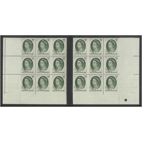 Australia 1964 QEII 5d Green Left & Right Imperf Blocks/9 Stamps BW400bc/bd MUH 5-10