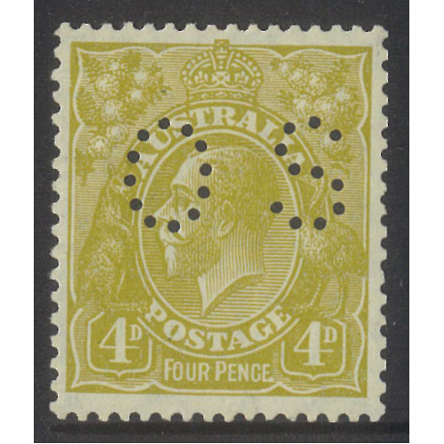 Australia KGV Stamp Small Mult WMK p13½x12½ 4d Yellow-Olive Perf OS SG O108 MUH #AUBK