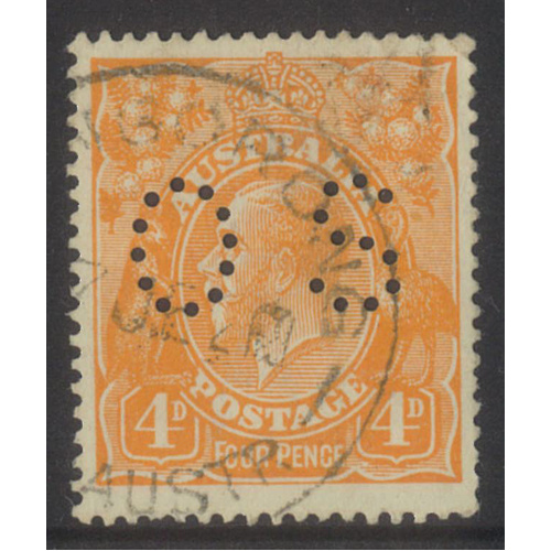 Australia KGV Stamp Single Crown WMK 4d Orange Perf OS SG O41 Fine Used #AUBK