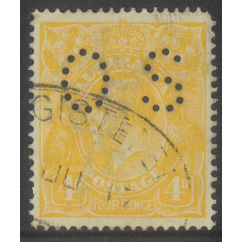 Australia KGV Stamp Single Crown WMK 4d Lemon Perf OS SG O41c Fine Used #AUBK