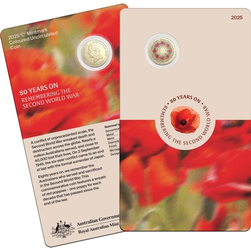 Australia 2025 80 Years Remembering WWII Poppy Wreath $2 Coloured C mmk UNC Coin