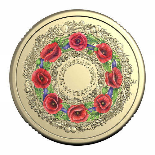 Australia 2025 80 Years Remembering WWII Poppy Wreath $2 Coloured Coin Loose