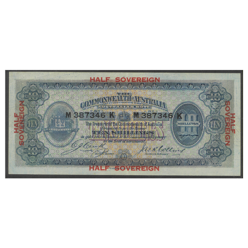Commonwealth of Australia 1918 Ten Shillings 10/- (Half Sovereign) Banknote Cerutty/Collins R3 EF