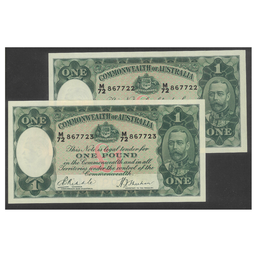 Commonwealth of Australia 1933 One Pound £1 Banknote Riddle/Sheehan Consecutive Pair R28 aUNC