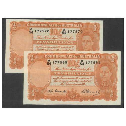 Commonwealth of Australia 1949 Ten Shillings 10/ Banknote Coombs/Watt Consecutive Pair R14 UNC