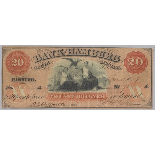 USA Bank Of Hamburg 1859 $20 Banknote VF