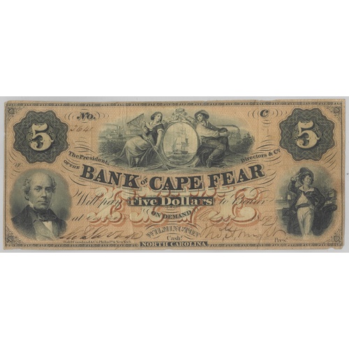 USA Bank Of Cape Fear 1859 $5 Banknote VF