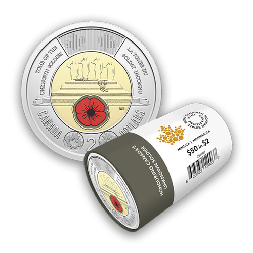 Canada 2025 Honouring Unknown Soldier Red Poppy Coloured $2 Coin Roll of 25