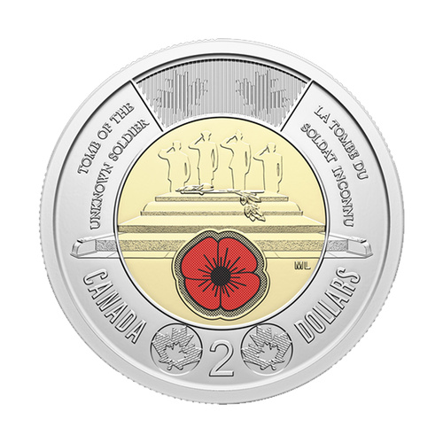 Canada 2025 Honouring Unknown Soldier Red Poppy Coloured $2 Coin Loose