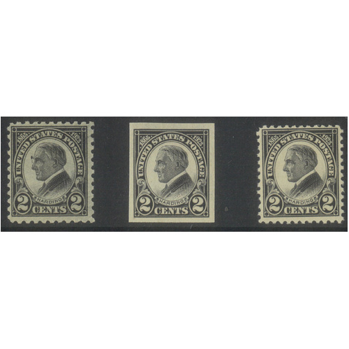 USA 1923 Harding 2c Stamp Black, Perf 11/Imperf/Perf 10, Scott 610/12 MUH #BK99