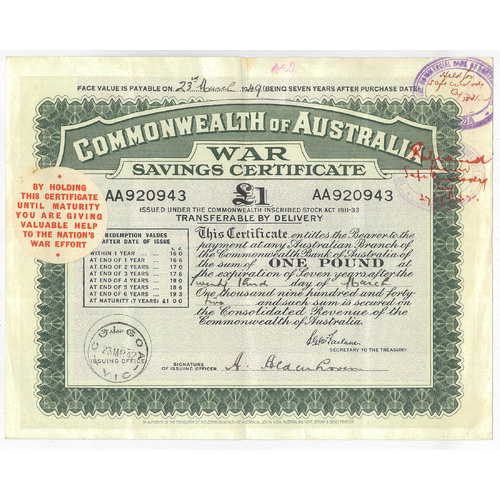 Commonwealth of Australia 1942 £1 War Savings Certificate AA920943 #29