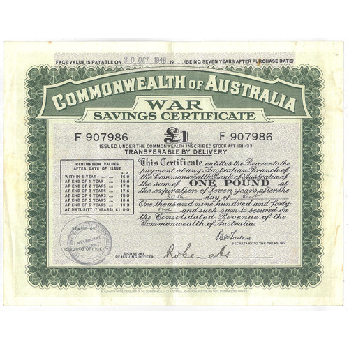 Commonwealth of Australia 1941 £1 War Savings Certificate F907986 #28