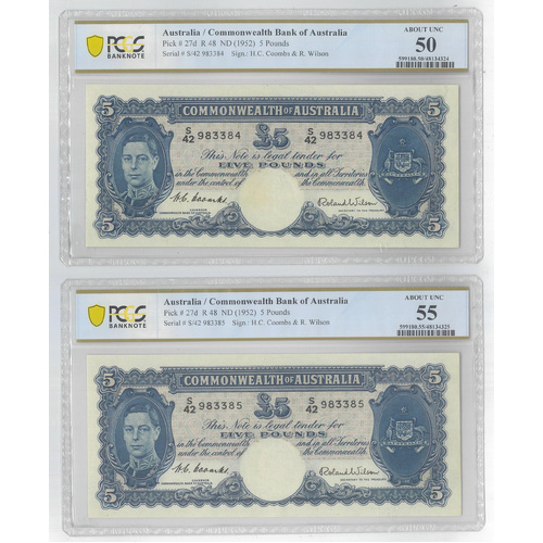 Commonwealth of Australia 1952 £5 Note Coombs/Wilson Consecutive Pair R48 PCGS aUNC P-27