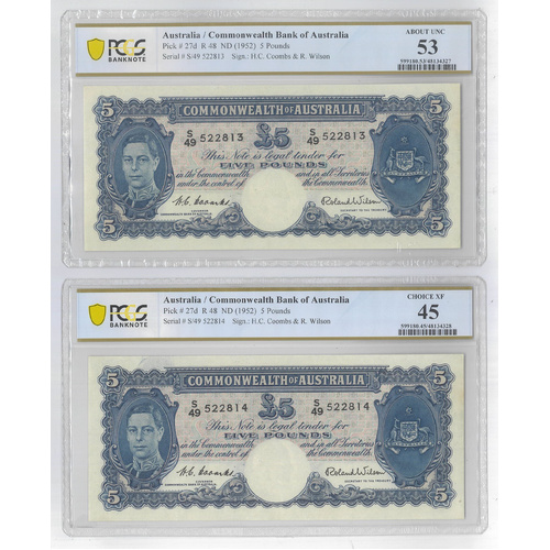 Commonwealth of Australia 1952 £5 Note Coombs/Wilson Consecutive Pair R48 PCGS aUNC/XF P-31