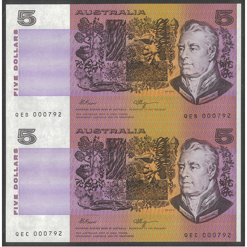 Australia 1990 Uncut Pair of $5 Banknotes Fraser/Higgins R212 UNC #3-67