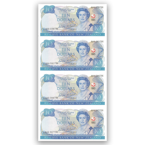 New Zealand 1990 Uncut Sheet of 4 $10 Banknotes UNC AAA038796/047796