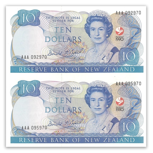 New Zealand 1990 Uncut Pair of $10 Banknotes UNC AAA092970/095970