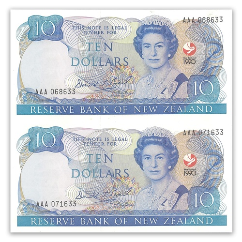 New Zealand 1990 Uncut Pair of $10 Banknotes UNC AAA068633/071633