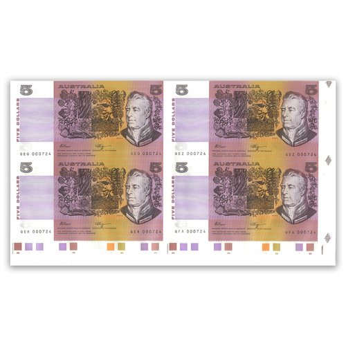 Australia 1990 Uncut Sheet of 4 $5 Banknotes Fraser/Higgins R212 UNC