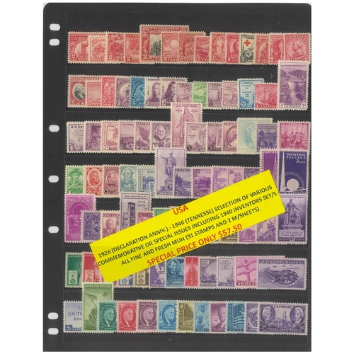 USA 1926-46 Selection of Commemorative Issues 91 Stamps & 2 Mini Sheets MUH #489