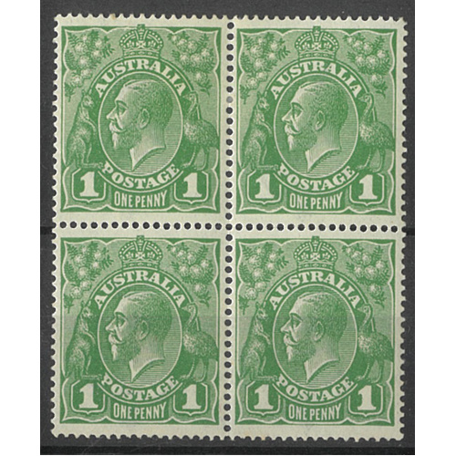 Australia KGV Single Crown Inverted WMK 1d Green Block/4 Stamps SG76w MLH #AUBK
